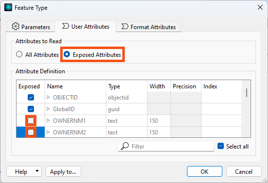 Manually unexposing reader feature type attributes